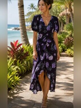 A New Day Purple Floral High Low Puff Sleeve Dress NWOT Small Cottagecore